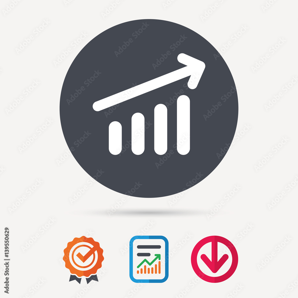 Growing graph icon. Business analytics chart symbol. Report document, award medal with tick and new tag signs. Colored flat web icons. Vector Growing graph icon. Business analytics chart symbol. Report document, award medal with tick and new tag signs. Colored flat web icons. Vector