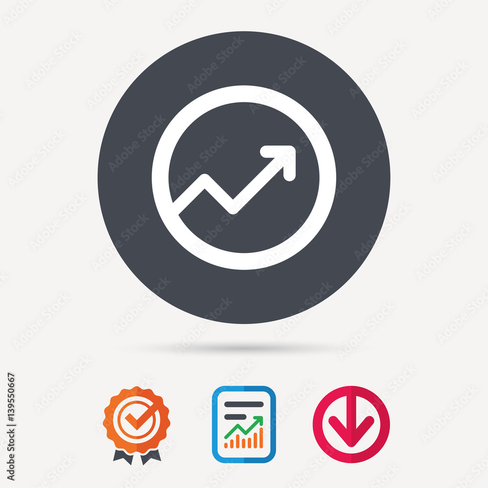 Growing graph icon. Business analytics chart symbol. Report document, award medal with tick and new tag signs. Colored flat web icons. Vector Growing graph icon. Business analytics chart symbol. Report document, award medal with tick and new tag signs. Colored flat web icons. Vector