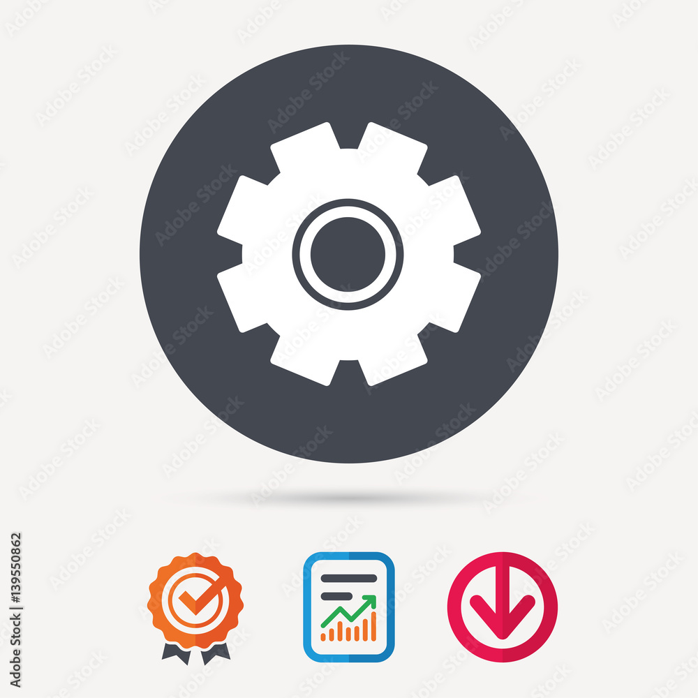 Cogwheel icon. Repair service symbol. Report document, award medal with tick and new tag signs. Colored flat web icons. Vector Cogwheel icon. Repair service symbol. Report document, award medal with tick and new tag signs. Colored flat web icons. Vector