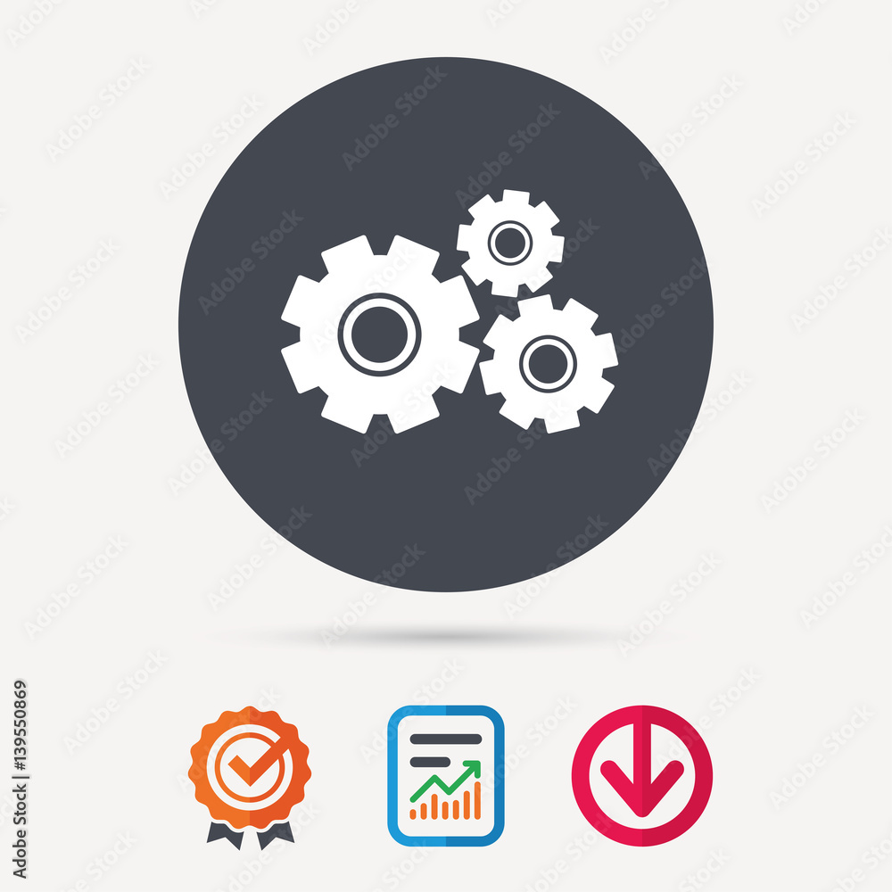 Cogwheels icon. Repair service symbol. Report document, award medal with tick and new tag signs. Colored flat web icons. Vector Cogwheels icon. Repair service symbol. Report document, award medal with tick and new tag signs. Colored flat web icons. Vector