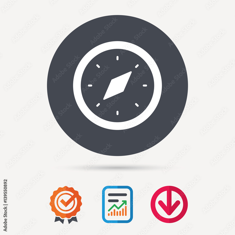 Compass icon. Navigation device symbol. Report document, award medal with tick and new tag signs. Colored flat web icons. Vector Compass icon. Navigation device symbol. Report document, award medal with tick and new tag signs. Colored flat web icons. Vector