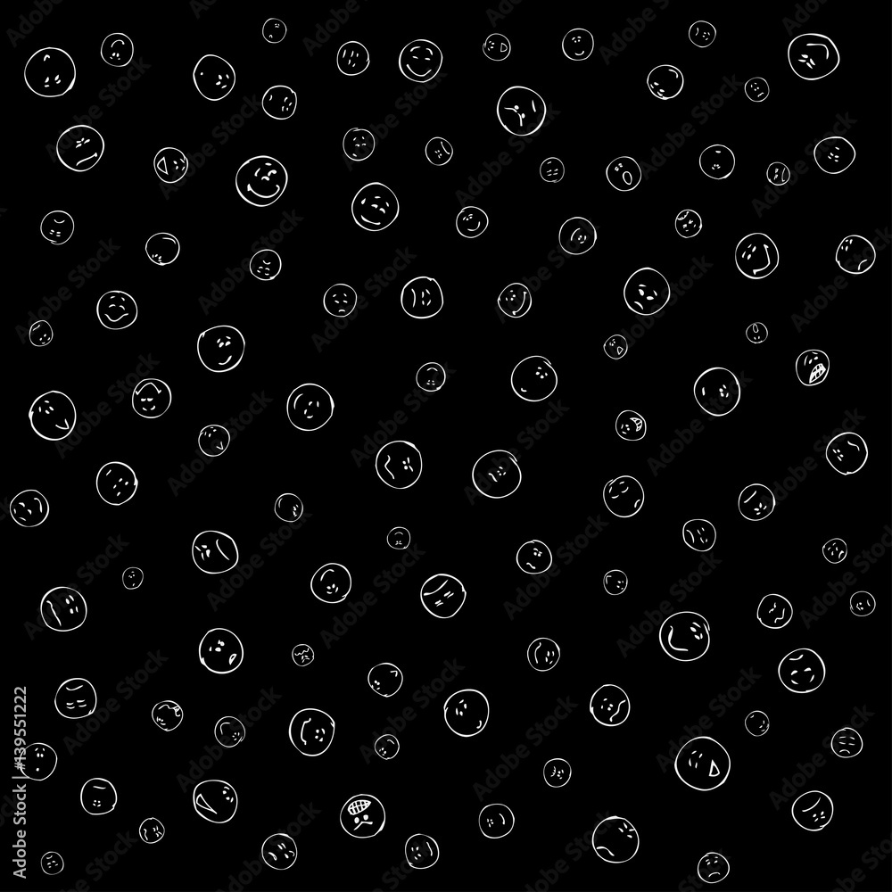 Emotion faces illustrations pattern. White images, black background. Vector. Smiles, emoticons.