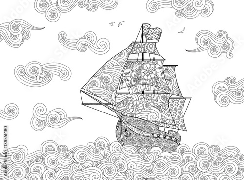 Contour image of sailing ship on the wave in zentangle inspired doodle style. Horizontal composition.