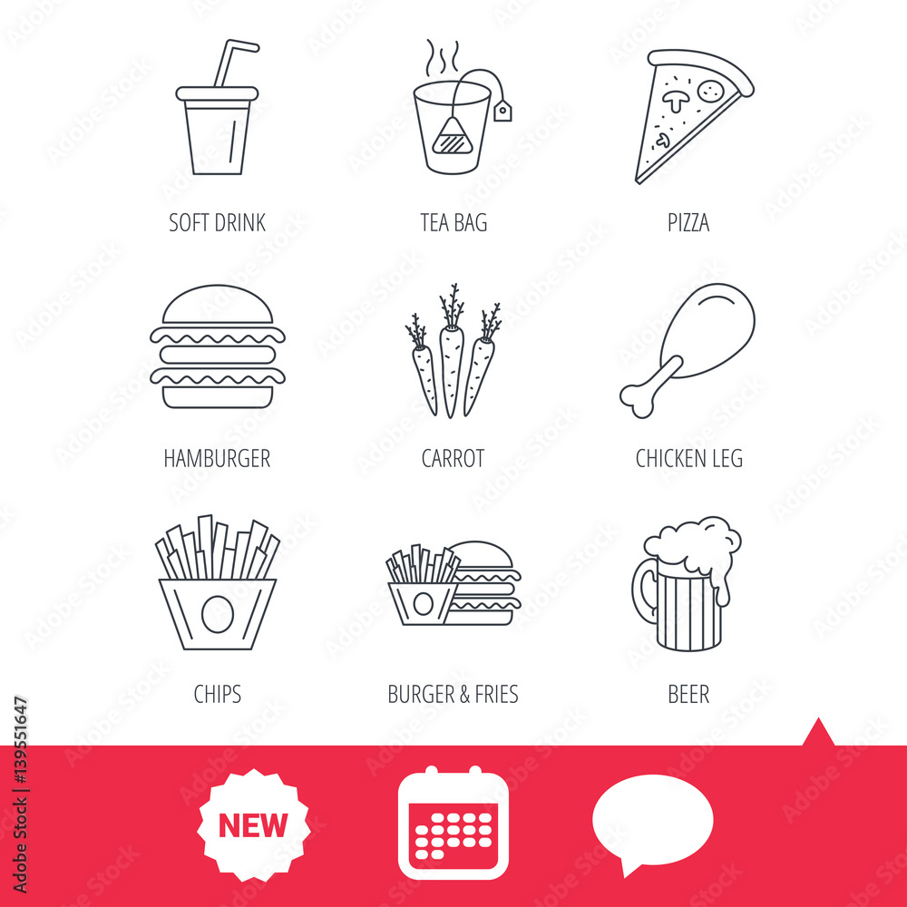 Hamburger, pizza and soft drink icons. Beer, tea bag and chips fries linear signs. Chicken leg, carrot icons. New tag, speech bubble and calendar web icons. Vector Hamburger, pizza and soft drink icons. Beer, tea bag and chips fries linear signs. Chicken leg, carrot icons. New tag, speech bubble and calendar web icons. Vector