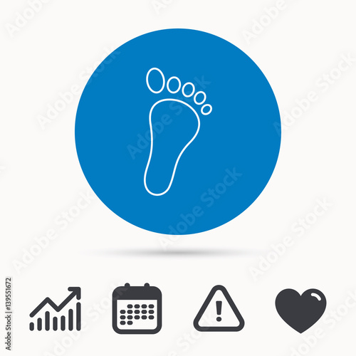 Baby footprint icon. Child foot sign. Newborn step symbol. Calendar, attention sign and growth chart. Button with web icon. Vector