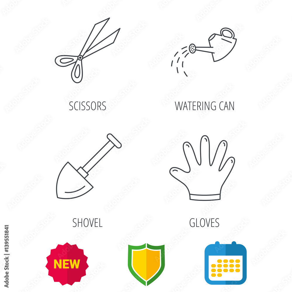 Fototapeta premium Scissors, shovel and gloves icons. Watering can linear sign. Shield protection, calendar and new tag web icons. Vector