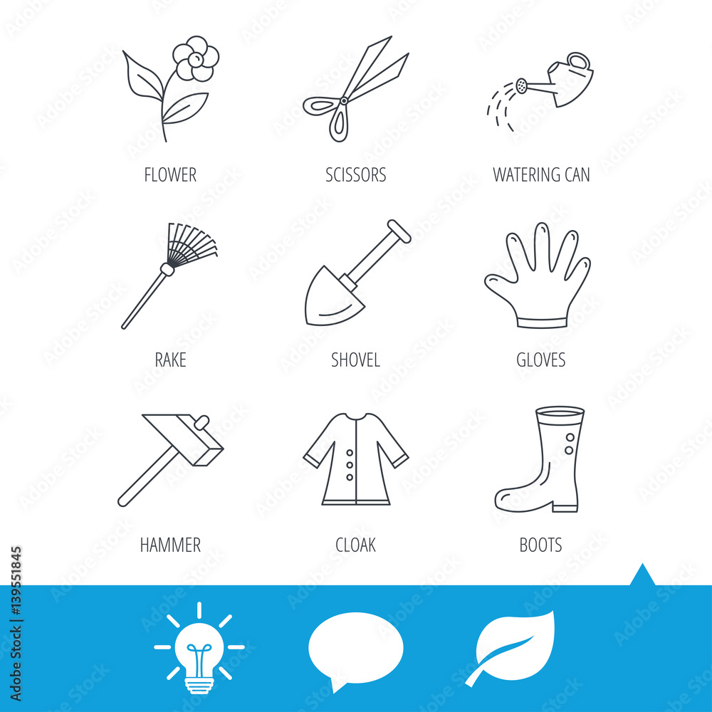 Scissors, hammer and gloves icons. Shovel, watering can and rake linear signs. Cloak, boots and flower flat line icons. Light bulb, speech bubble and leaf web icons. Vector Scissors, hammer and gloves icons. Shovel, watering can and rake linear signs. Cloak, boots and flower flat line icons. Light bulb, speech bubble and leaf web icons. Vector