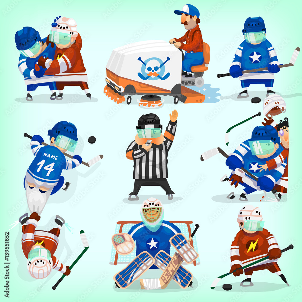 Set of hockey players in different positions and situations playing on ice. Illustrations for hockey championship Set of hockey players in different positions and situations playing on ice. Illustrations for hockey championship