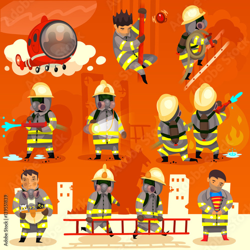 Set of cartoon fireman doing their job and saving people in dangerous situations