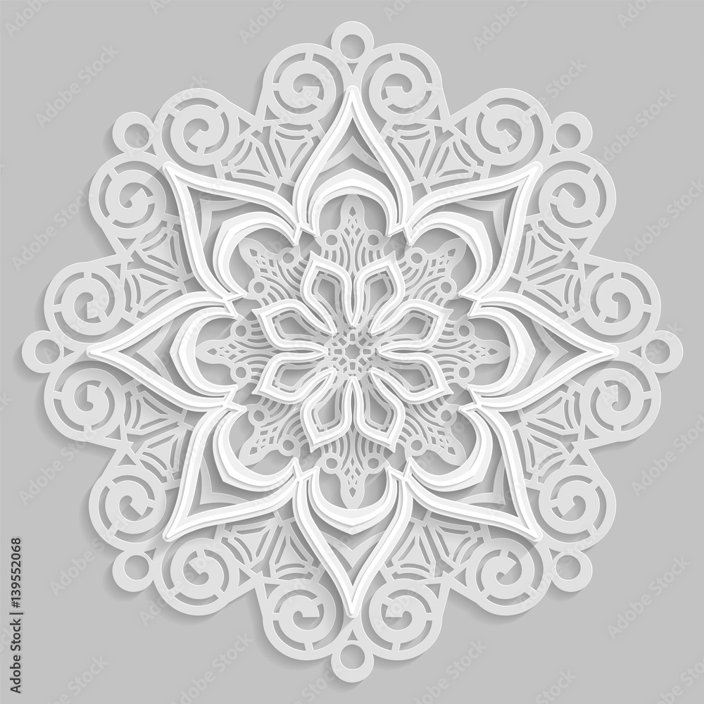 Lace 3D mandala,  round symmetrical openwork pattern,  decorative  snowflake, arabic ornament, decorative design element,  vector