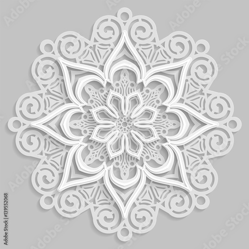 Lace 3D mandala, round symmetrical openwork pattern, decorative snowflake, arabic ornament, decorative design element, vector