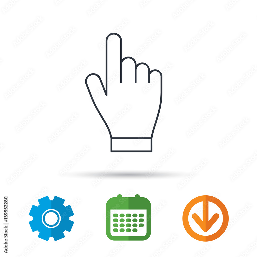 Obraz premium Click hand icon. Press or push pointer sign. Calendar, cogwheel and download arrow signs. Colored flat web icons. Vector