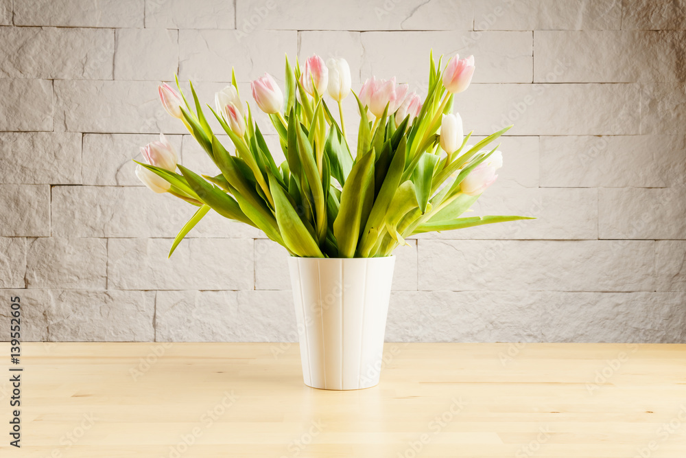 bouquet of white and pink tulips in a vase on the table bouquet of white and pink tulips in a vase on the table