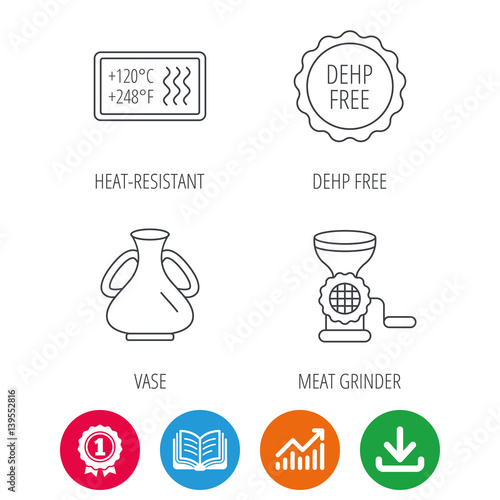 Meat grinder, vase and heat-resistant icons. DEHP free linear sign. Award medal, growth chart and opened book web icons. Download arrow. Vector