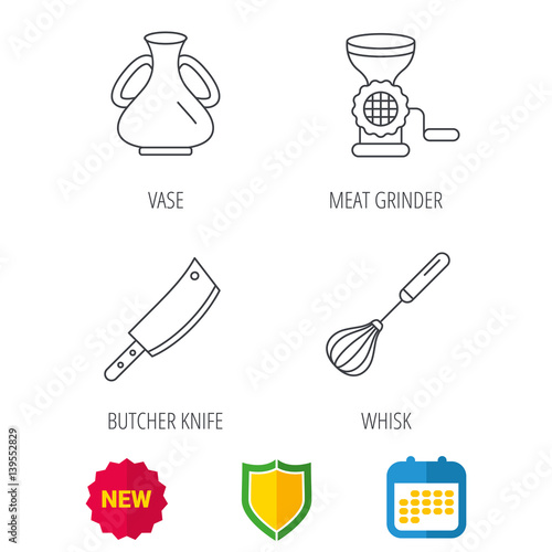 Meat grinder, butcher knife and whisk icons. Vase linear sign. Shield protection, calendar and new tag web icons. Vector
