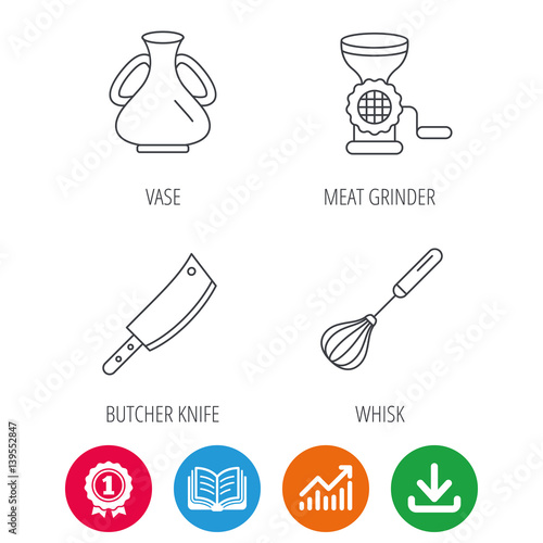 Meat grinder, butcher knife and whisk icons. Vase linear sign. Award medal, growth chart and opened book web icons. Download arrow. Vector