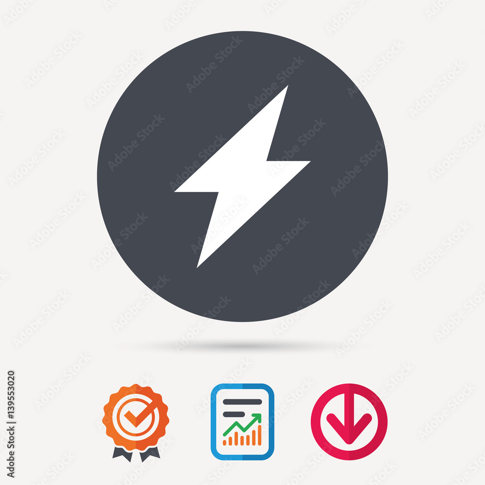 Lightning icon. Electricity energy power symbol. Report document, award medal with tick and new tag signs. Colored flat web icons. Vector Lightning icon. Electricity energy power symbol. Report document, award medal with tick and new tag signs. Colored flat web icons. Vector