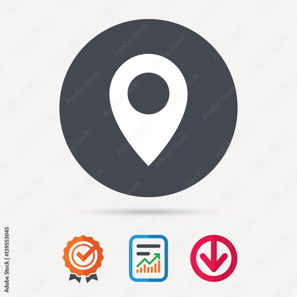 Location icon. Map pointer symbol. Report document, award medal with tick and new tag signs. Colored flat web icons. Vector Location icon. Map pointer symbol. Report document, award medal with tick and new tag signs. Colored flat web icons. Vector