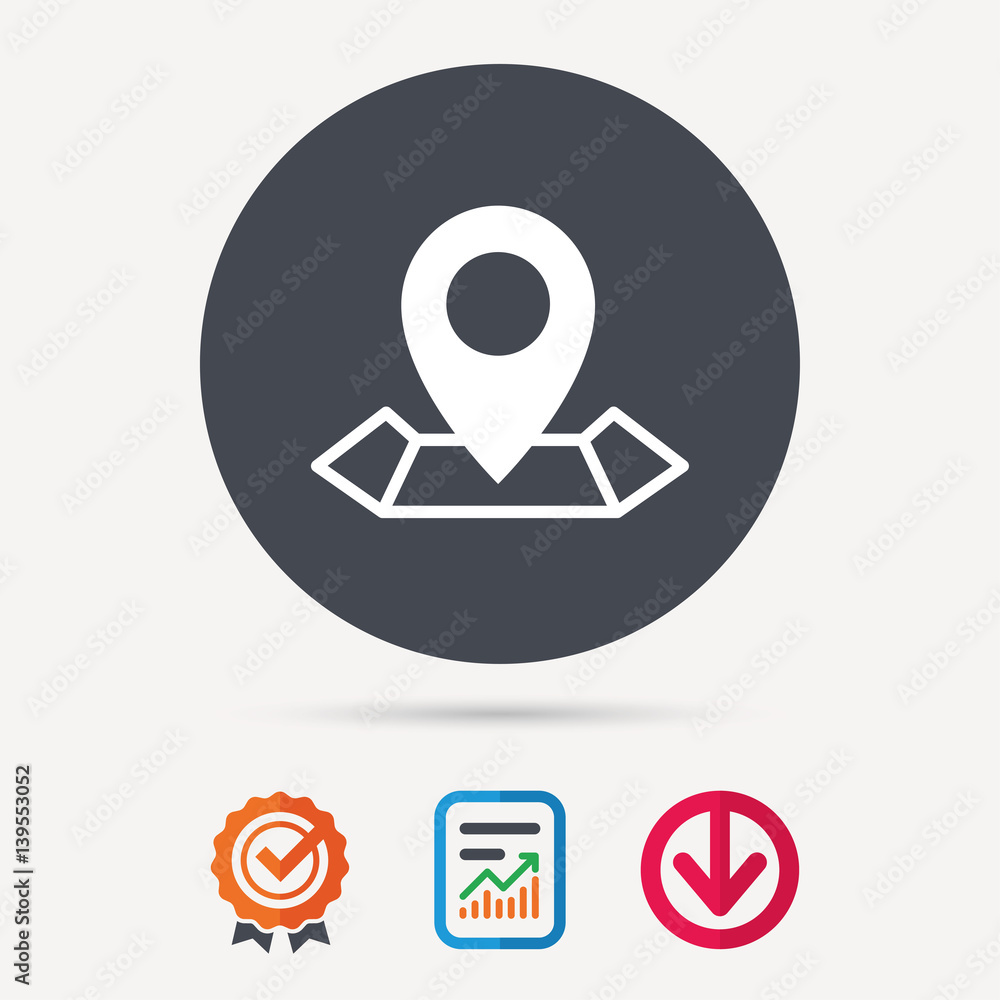 Location icon. Map pointer symbol. Report document, award medal with tick and new tag signs. Colored flat web icons. Vector Location icon. Map pointer symbol. Report document, award medal with tick and new tag signs. Colored flat web icons. Vector