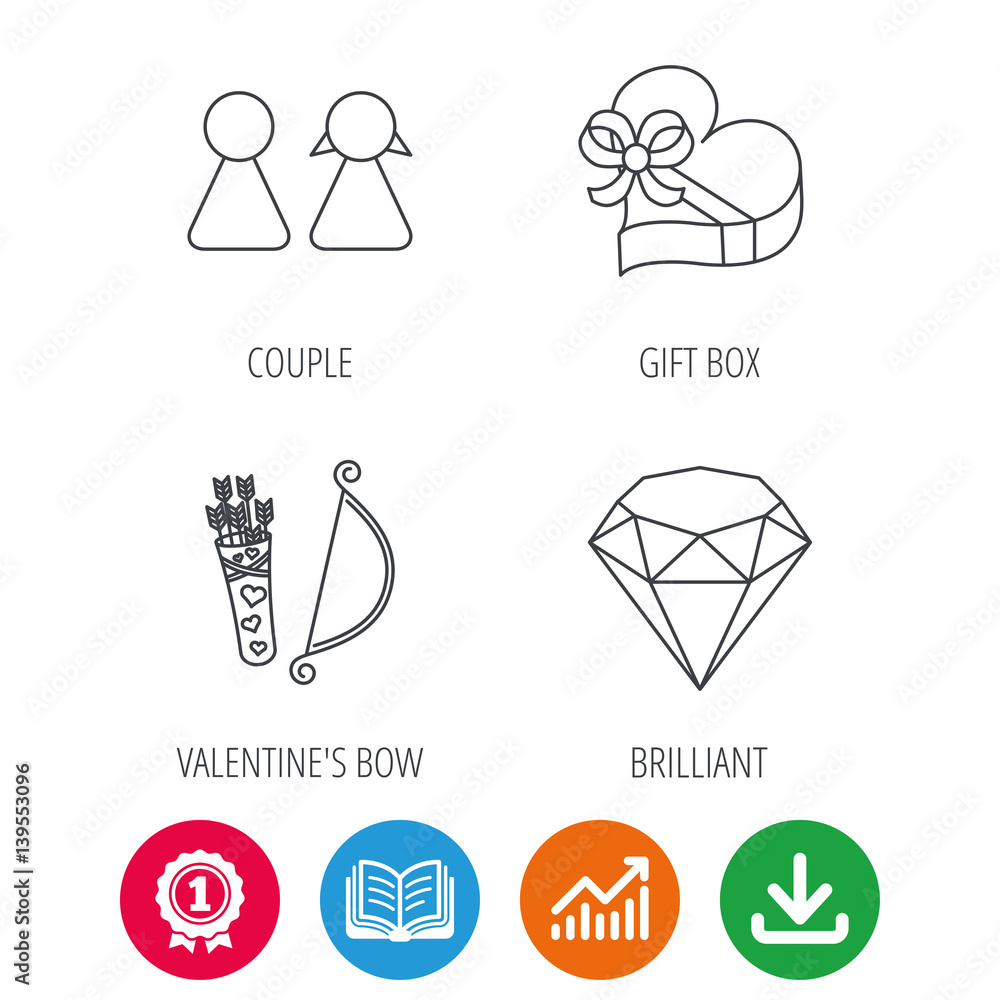 Fototapeta premium Couple, brilliant and engagement gift box icons. Valentine amour arrows linear signs. Award medal, growth chart and opened book web icons. Download arrow. Vector