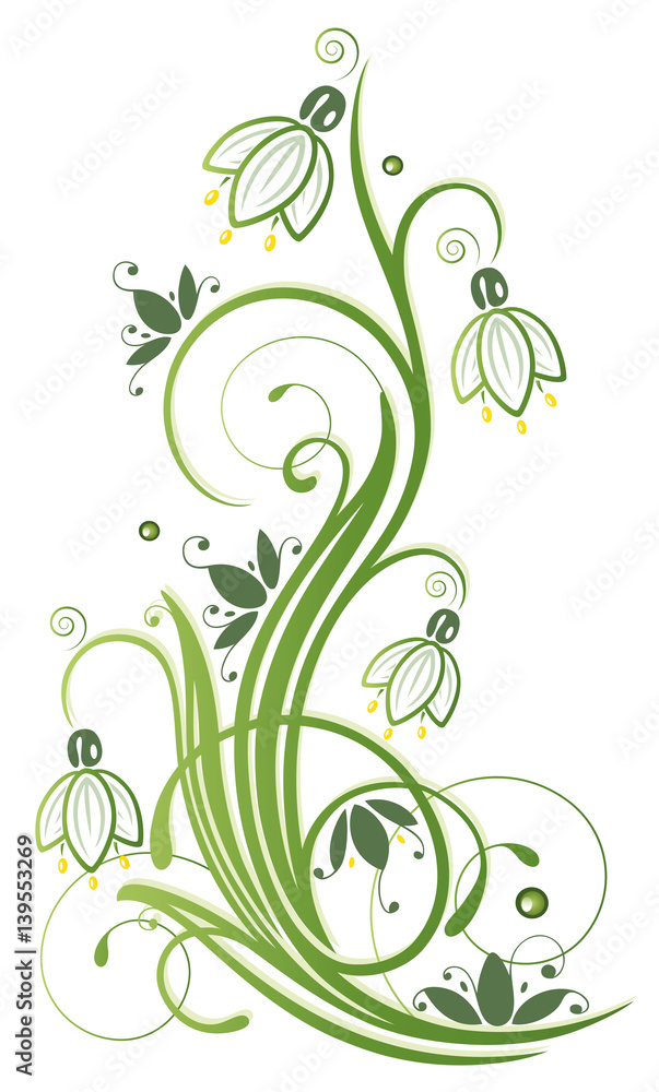 Schneeglöckchen, grüne Ranke mit Blumen. Frühling. Schneeglöckchen, grüne Ranke mit Blumen. Frühling.