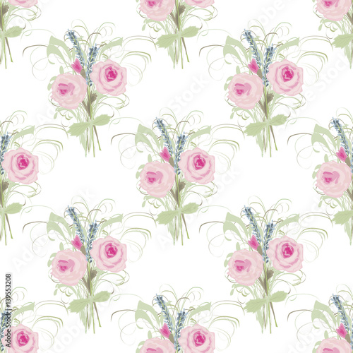 Seamless floral background with lush bouquets of roses and lavender. Delicate, romantic pattern for printing on fabric, Wallpaper, scrapbooking. Provence or shabby chic style. Retro pattern.