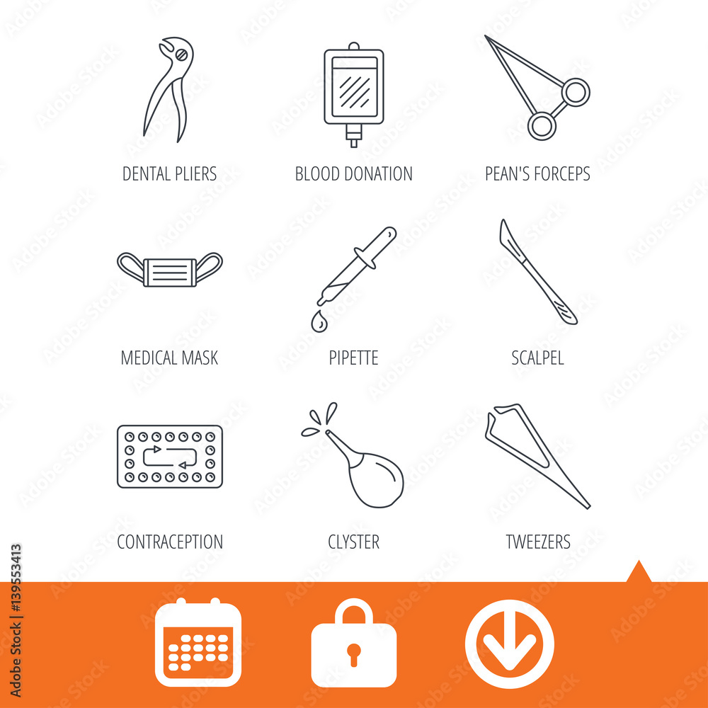 Medical mask, blood and dental pliers icons. Contraception, scalpel and clyster linear signs. Tweezers, pipette and forceps flat line icons. Download arrow, locker and calendar web icons. Vector Medical mask, blood and dental pliers icons. Contraception, scalpel and clyster linear signs. Tweezers, pipette and forceps flat line icons. Download arrow, locker and calendar web icons. Vector