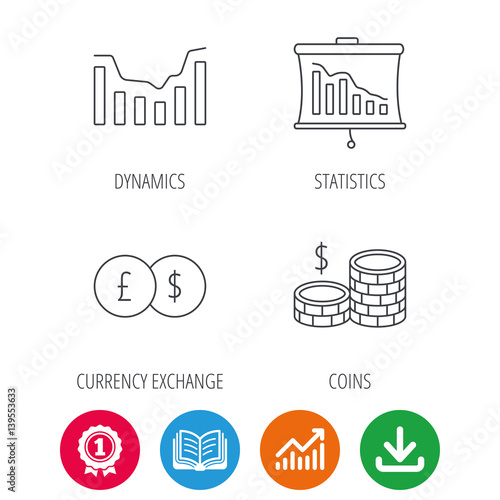 Banking, cash money and statistics icons. Dynamics, currency exchange linear signs. Award medal, growth chart and opened book web icons. Download arrow. Vector