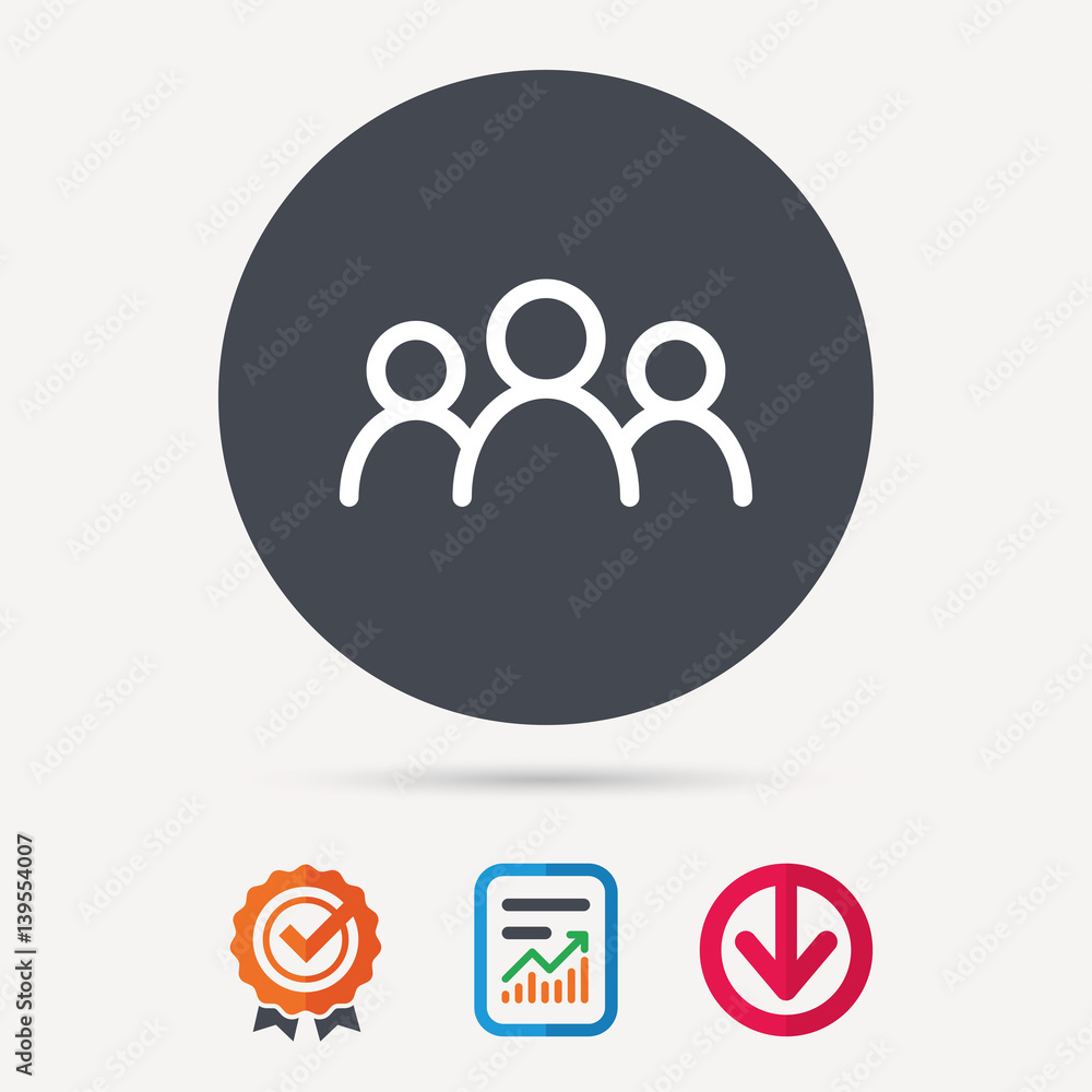 People icon. Group of humans sign. Team work symbol. Report document, award medal with tick and new tag signs. Colored flat web icons. Vector People icon. Group of humans sign. Team work symbol. Report document, award medal with tick and new tag signs. Colored flat web icons. Vector