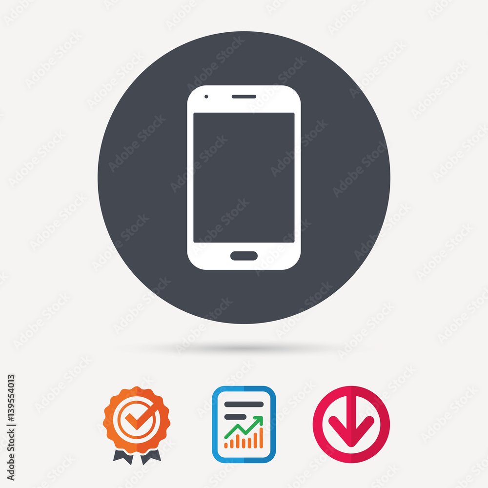 Smartphone icon. Mobile phone communication symbol. Report document, award medal with tick and new tag signs. Colored flat web icons. Vector Smartphone icon. Mobile phone communication symbol. Report document, award medal with tick and new tag signs. Colored flat web icons. Vector
