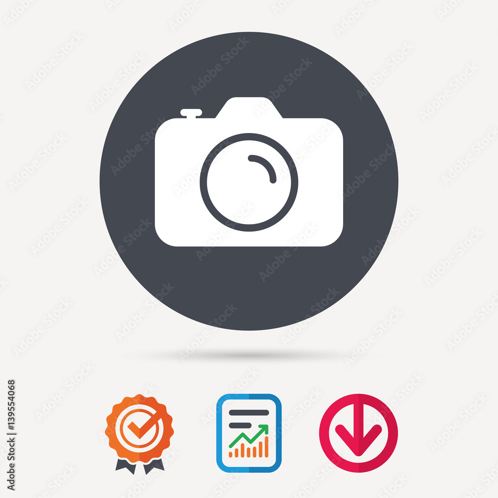 Camera icon. Professional photocamera symbol. Report document, award medal with tick and new tag signs. Colored flat web icons. Vector Camera icon. Professional photocamera symbol. Report document, award medal with tick and new tag signs. Colored flat web icons. Vector