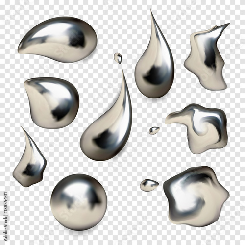 Chrome metal droplet set realistic isolated on white background photo