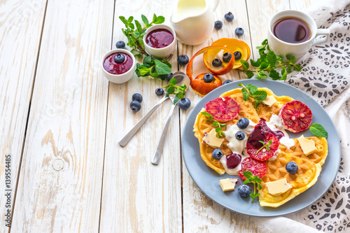 Wallpaper Mural Coffee and Belgium waffles with blueberry. Breakfast concept. Torontodigital.ca