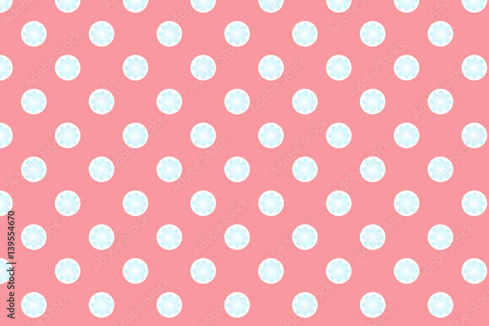 Pink polka dot background with blue flower inside.
