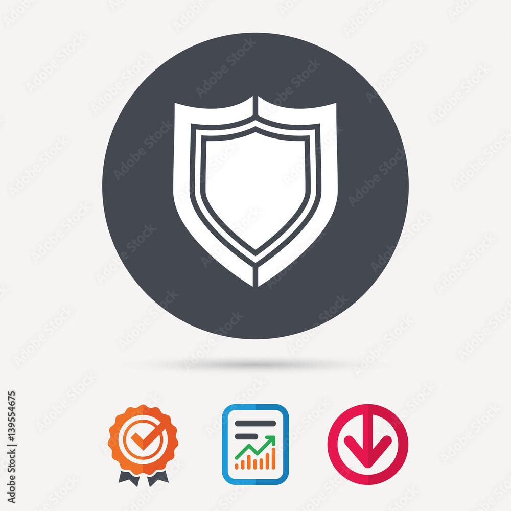 Shield protection icon. Defense equipment symbol. Report document, award medal with tick and new tag signs. Colored flat web icons. Vector Shield protection icon. Defense equipment symbol. Report document, award medal with tick and new tag signs. Colored flat web icons. Vector