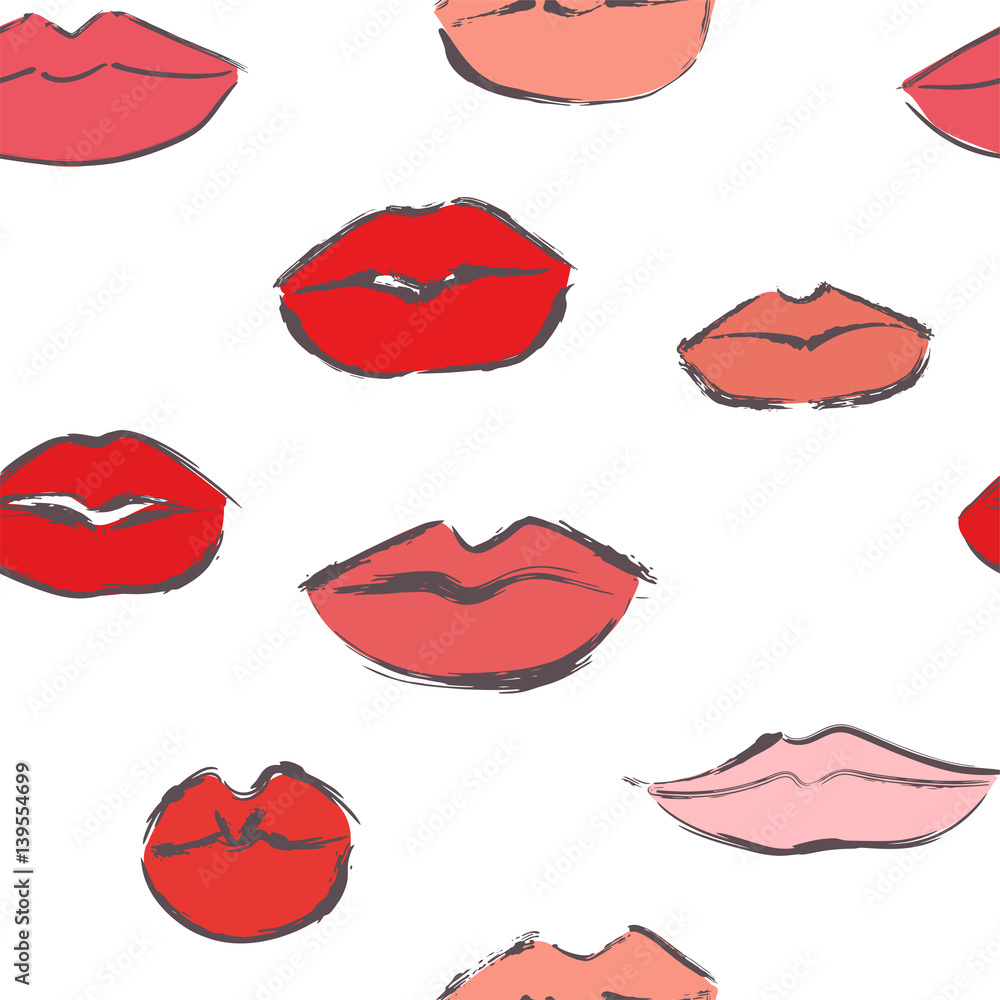 Obraz premium Seamless pattern with red and pink lips on white background. Vector illustration