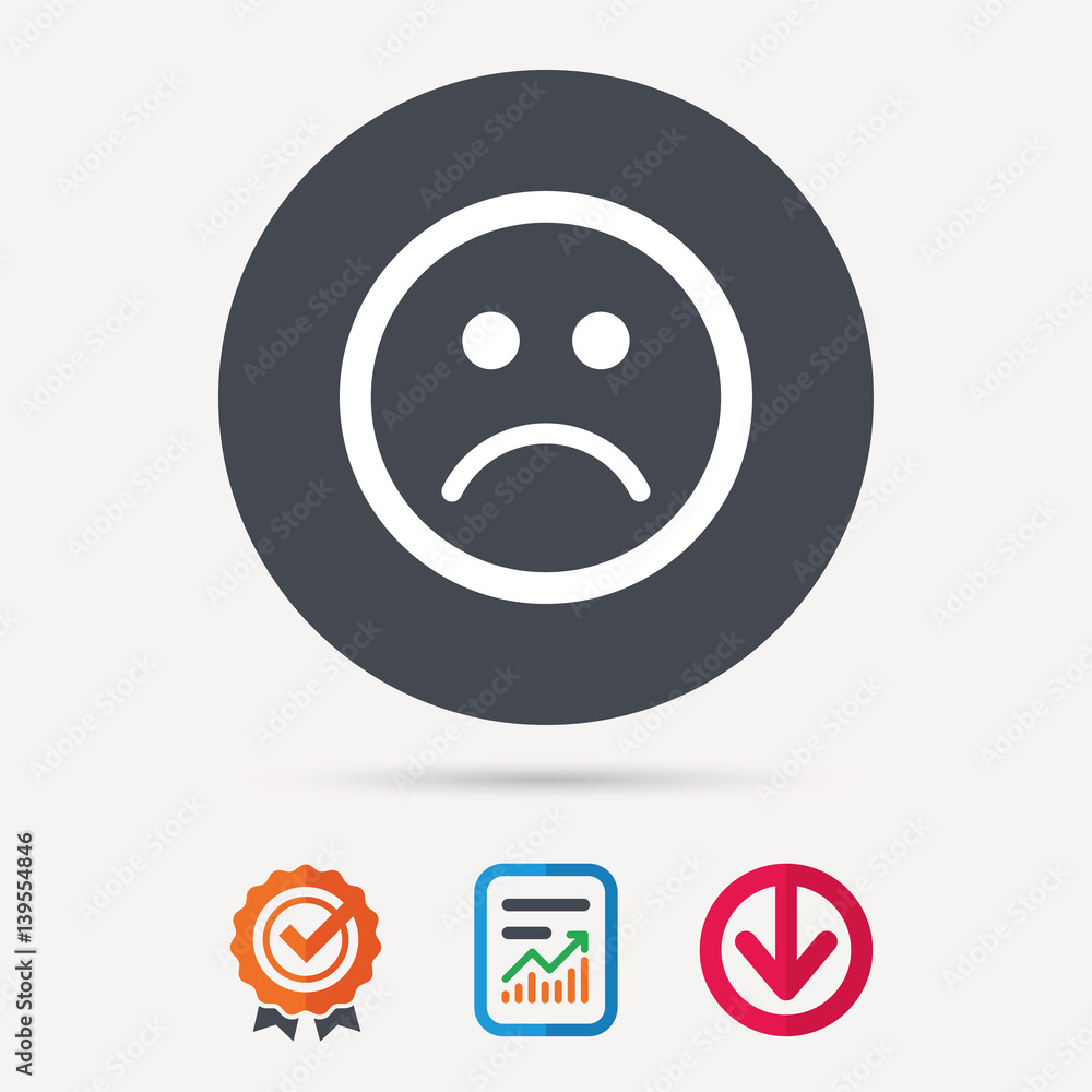 Sad smiley icon. Bad feedback symbol. Report document, award medal with tick and new tag signs. Colored flat web icons. Vector Sad smiley icon. Bad feedback symbol. Report document, award medal with tick and new tag signs. Colored flat web icons. Vector