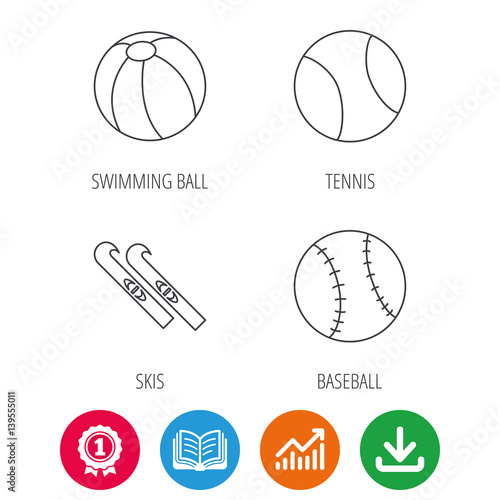 Swimming ball, tennis and baseball icons. Skis linear sign. Award medal, growth chart and opened book web icons. Download arrow. Vector
