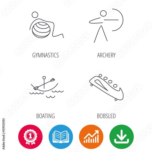 Gymnastics, boating and archery icons. Bobsled linear sign. Award medal, growth chart and opened book web icons. Download arrow. Vector