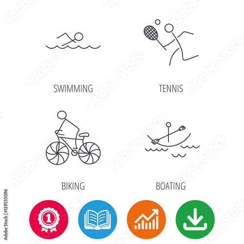 Swimming, tennis and biking icons. Boating linear sign. Award medal, growth chart and opened book web icons. Download arrow. Vector