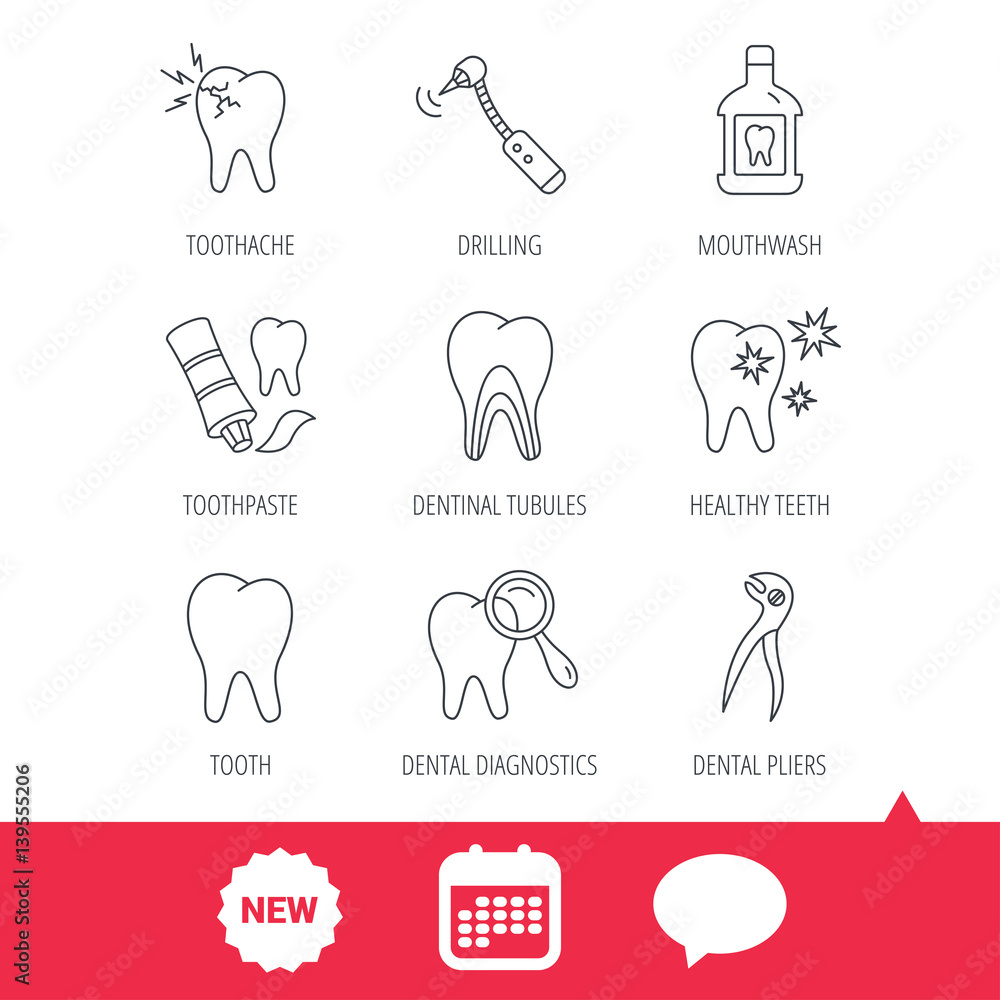 Tooth, stomatology and toothache icons. Mouthwash, dental pliers and diagnostics linear signs. Dentinal tubules, drilling icons. New tag, speech bubble and calendar web icons. Vector Tooth, stomatology and toothache icons. Mouthwash, dental pliers and diagnostics linear signs. Dentinal tubules, drilling icons. New tag, speech bubble and calendar web icons. Vector