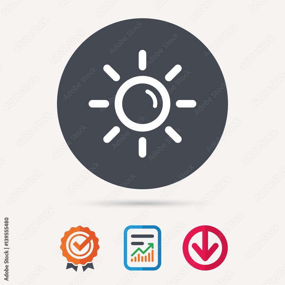 Sun icon. Sunny weather symbol. Report document, award medal with tick and new tag signs. Colored flat web icons. Vector Sun icon. Sunny weather symbol. Report document, award medal with tick and new tag signs. Colored flat web icons. Vector