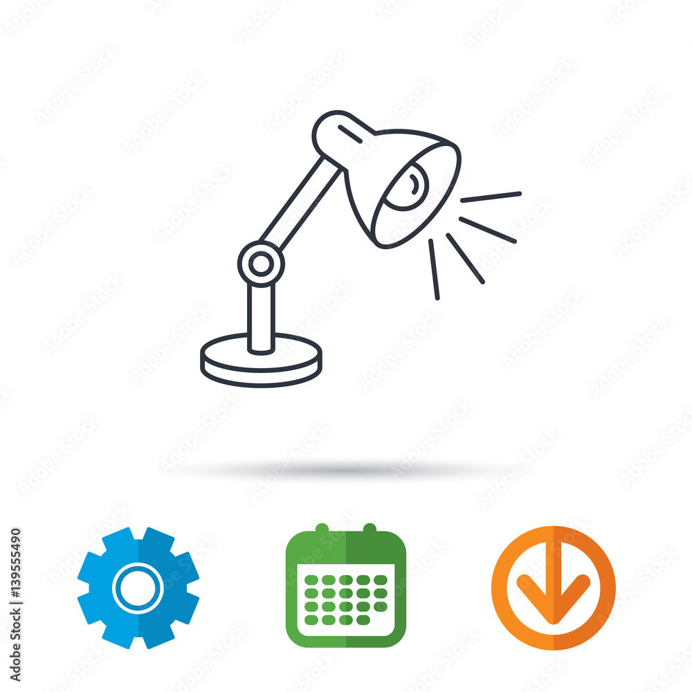 Table lamp icon. Desk light sign. Calendar, cogwheel and download arrow signs. Colored flat web icons. Vector