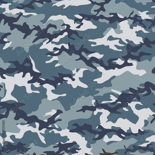 Camouflage seamless pattern background with blue spots. Military camouflage pattern. Fashionable camouflage textile. Military print. Seamless vector wallpaper. Clothing style masking. Repeat print. 