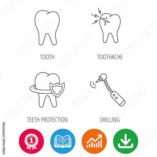 Tooth  toothache and drilling tool icons. Teeth protection linear sign. Award medal  growth chart and opened book web icons. Download arrow. Vector