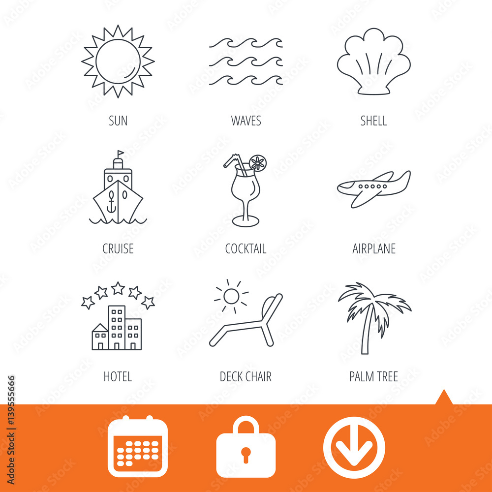 Cruise, waves and cocktail icons. Hotel, palm tree and shell linear signs. Airplane, deck chair and sun flat line icons. Download arrow, locker and calendar web icons. Vector