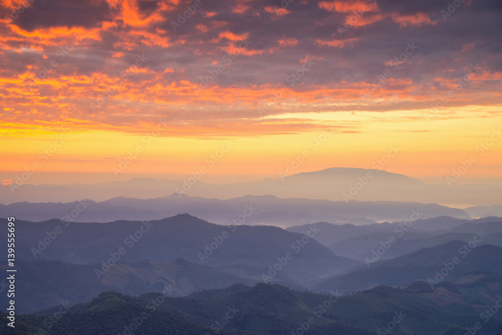 Beautiful sunrise and sky with mountain landscapes