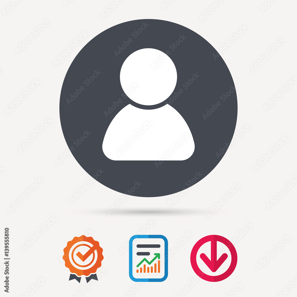 User icon. Human person symbol. Avatar login sign. Report document, award medal with tick and new tag signs. Colored flat web icons. Vector User icon. Human person symbol. Avatar login sign. Report document, award medal with tick and new tag signs. Colored flat web icons. Vector