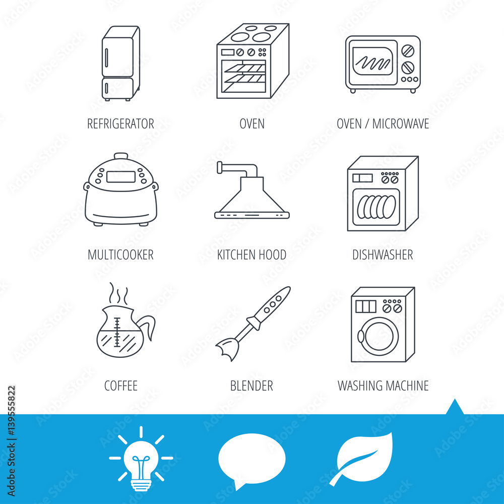 Microwave oven, washing machine and blender icons. Refrigerator fridge, dishwasher and multicooker linear signs. Coffee icon. Light bulb, speech bubble and leaf web icons. Vector Microwave oven, washing machine and blender icons. Refrigerator fridge, dishwasher and multicooker linear signs. Coffee icon. Light bulb, speech bubble and leaf web icons. Vector