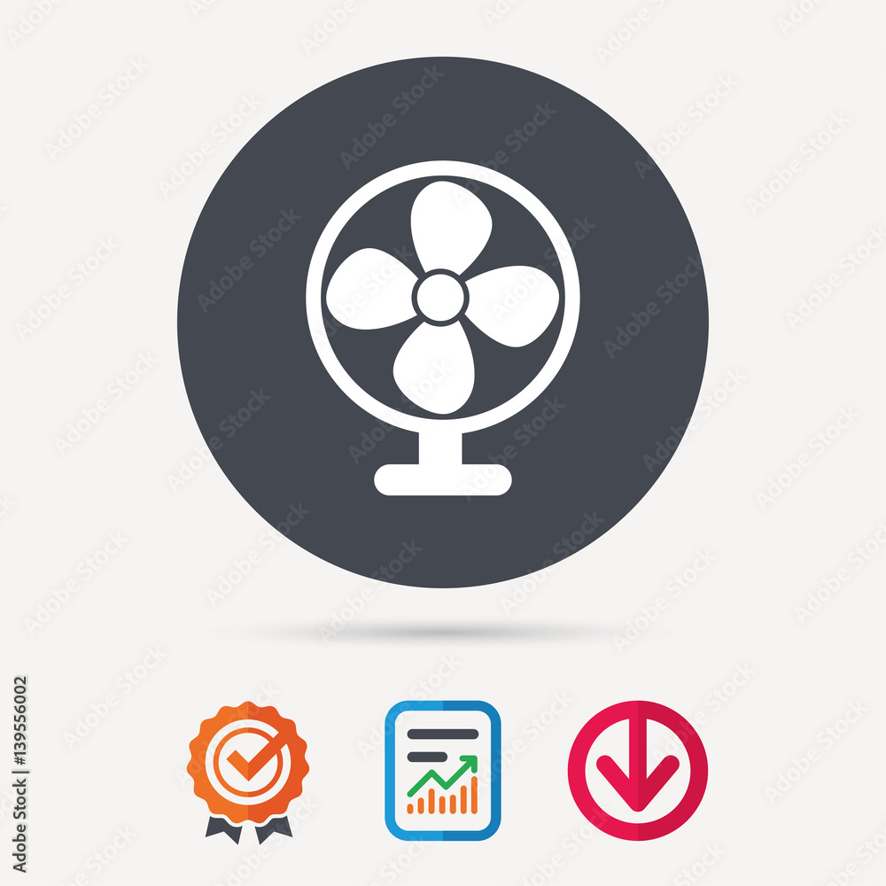 Ventilator icon. Air ventilation or fan symbol. Report document, award medal with tick and new tag signs. Colored flat web icons. Vector Ventilator icon. Air ventilation or fan symbol. Report document, award medal with tick and new tag signs. Colored flat web icons. Vector